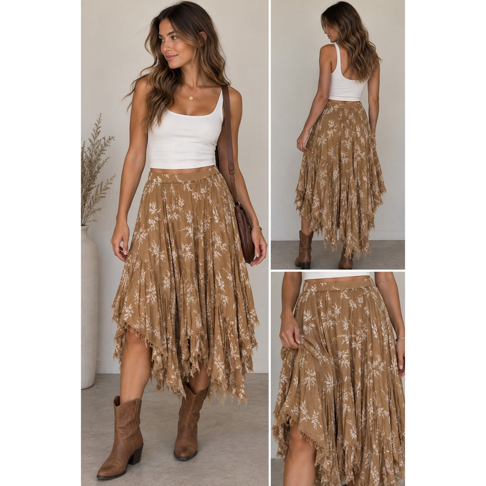 Boho Floral Handkerchief Midi Skirt Brown Raw Hem Asymmetrical Festival Fairy